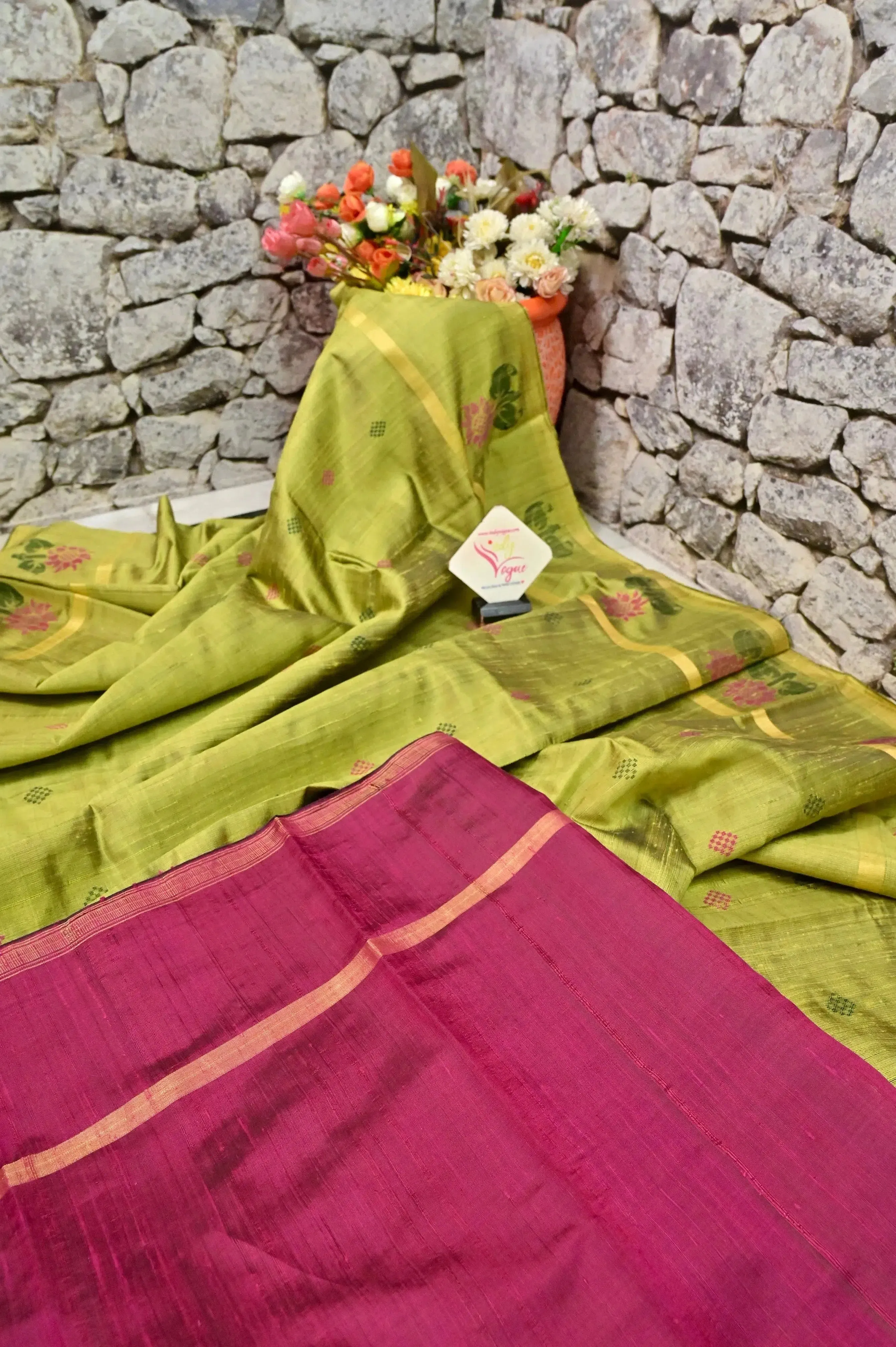 Pista Geeen and Rani Color Pure Raw Silk Saree with Floral Motif in Gap Border